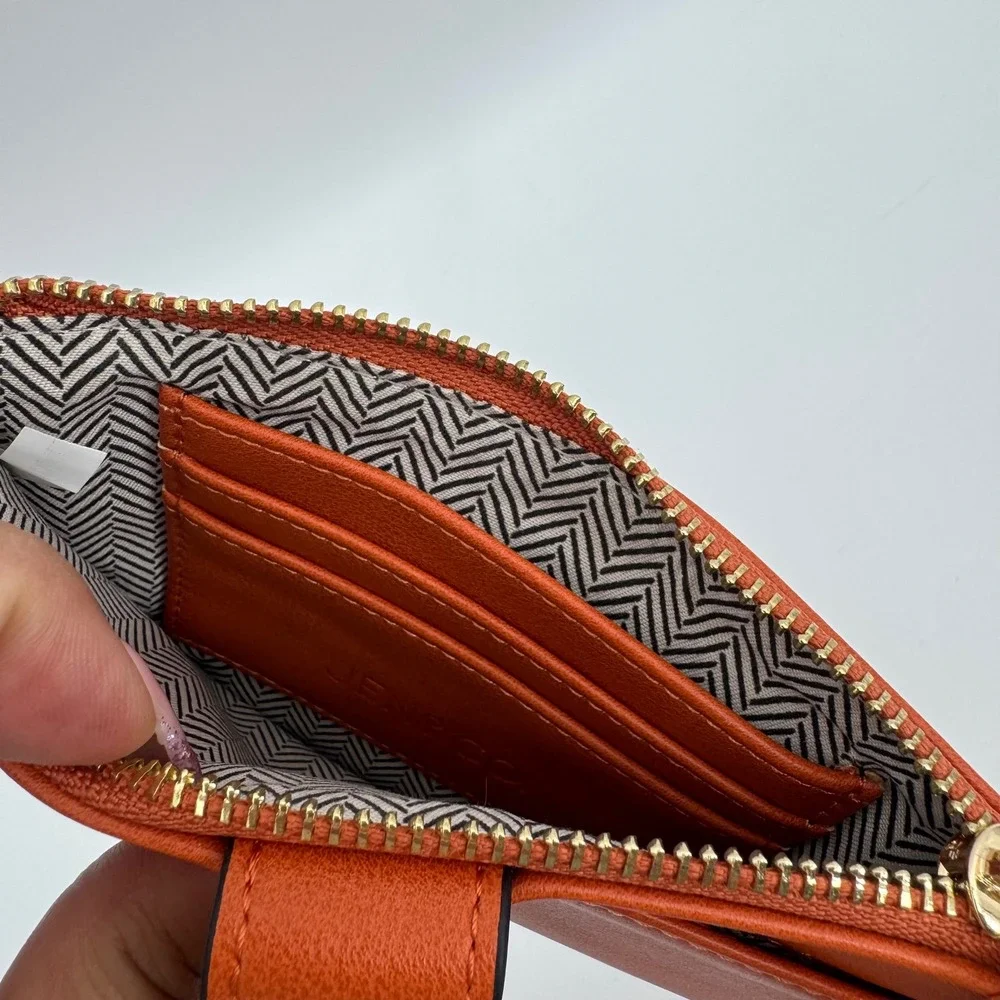 Jen & Co Burnt Orange Vegan Leather Slim Zip Card Case Wallet Gold Hardware